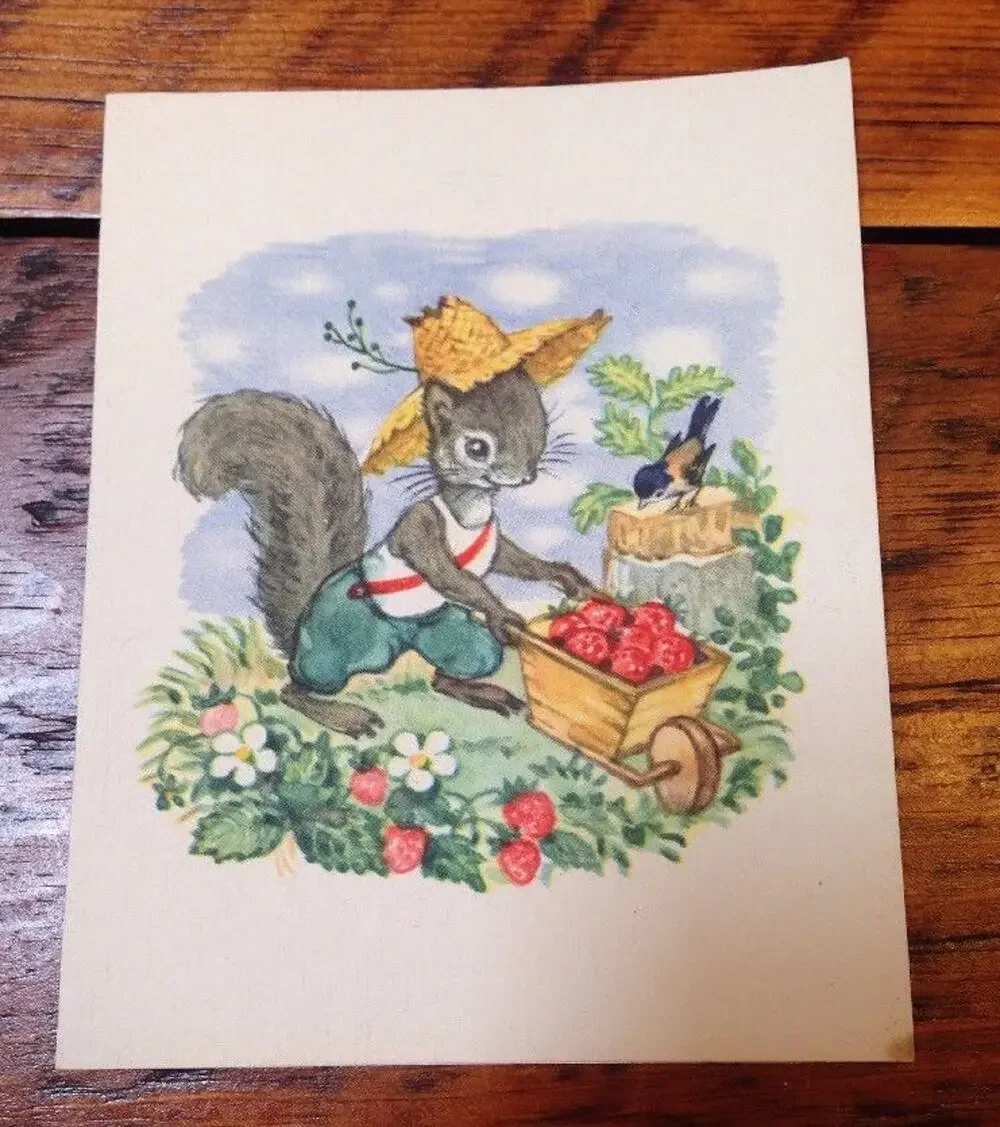 Vintage 1940s Brownie Squirrel Strawberry Farmer Blank Greeting Card Unused
